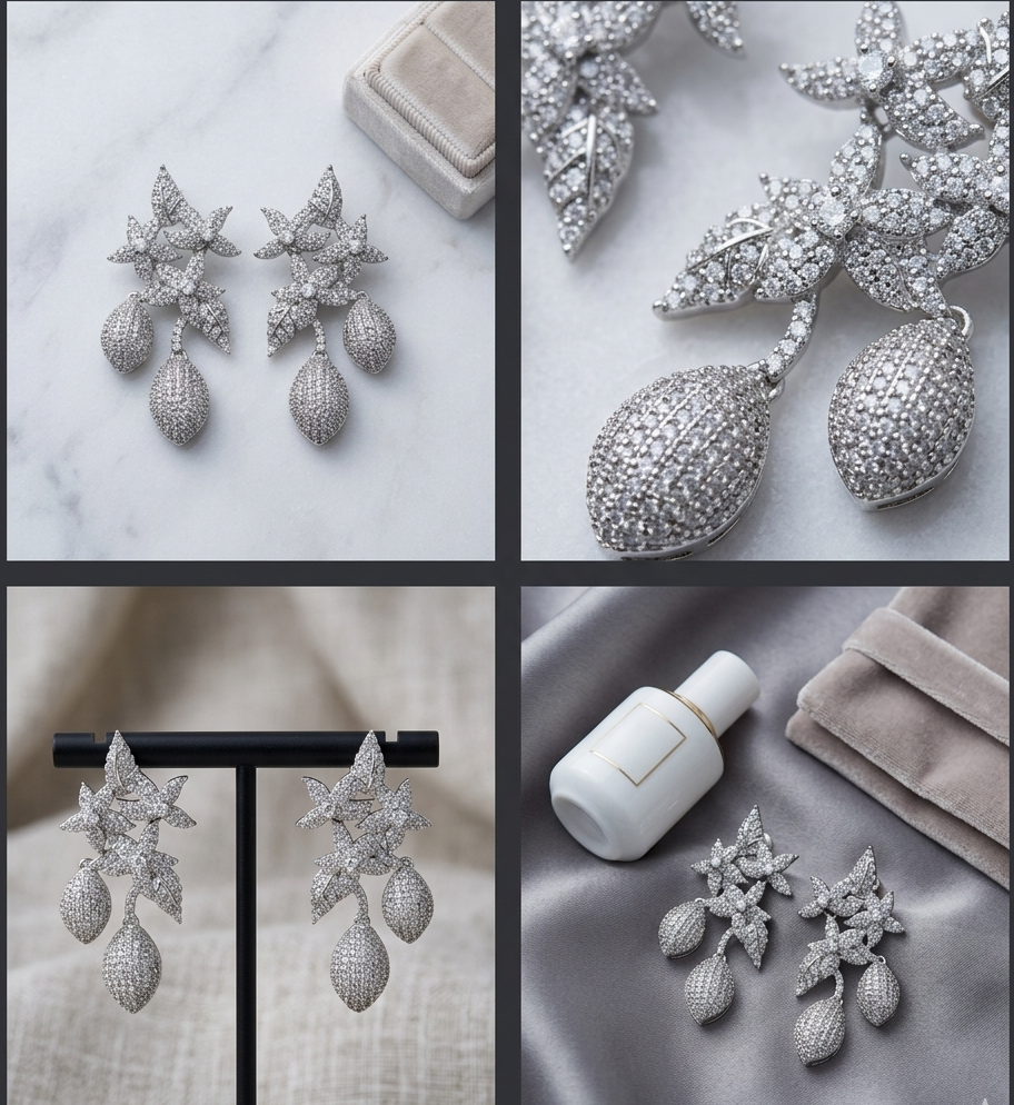 Collage of silver earrings on a marble and neutral background