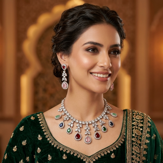 Woman wearing a green traditional outfit with jewelry in an ornate setting