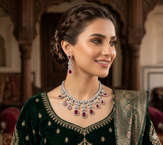 Woman wearing a green traditional outfit with jewelry in an ornate setting