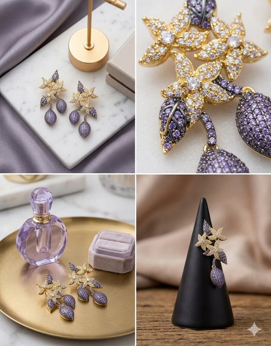 Collage of star-shaped earrings with purple stones on various stands and surfaces.
