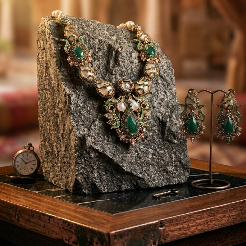 Vintage jewelry set with necklace and earrings on a stone block, with a blurred background.