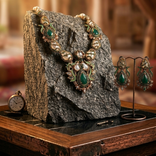 Vintage jewelry set with necklace and earrings on a stone block, with a blurred background.
