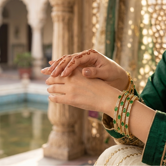 Person wearing green embroidered traditional attire with henna on hands, sitting in a decorative outdoor setting.