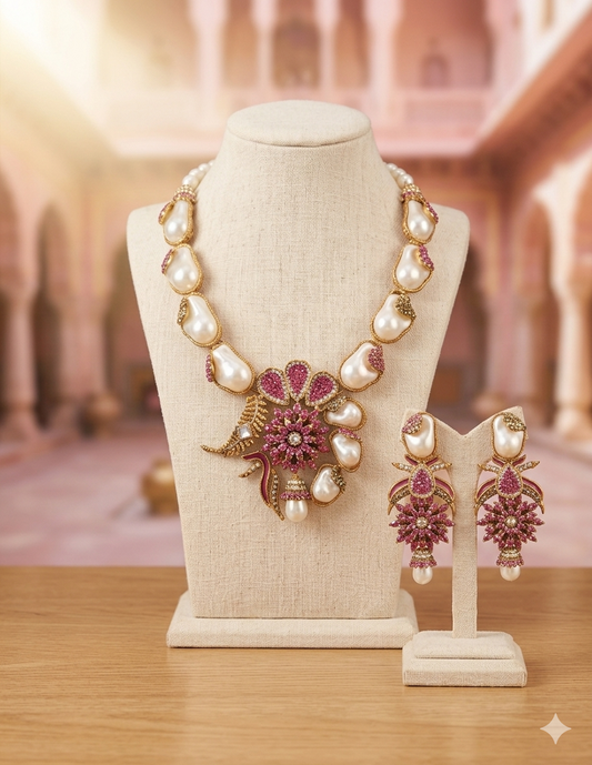 Pearl and gemstone jewelry set on a mannequin with a blurred architectural background