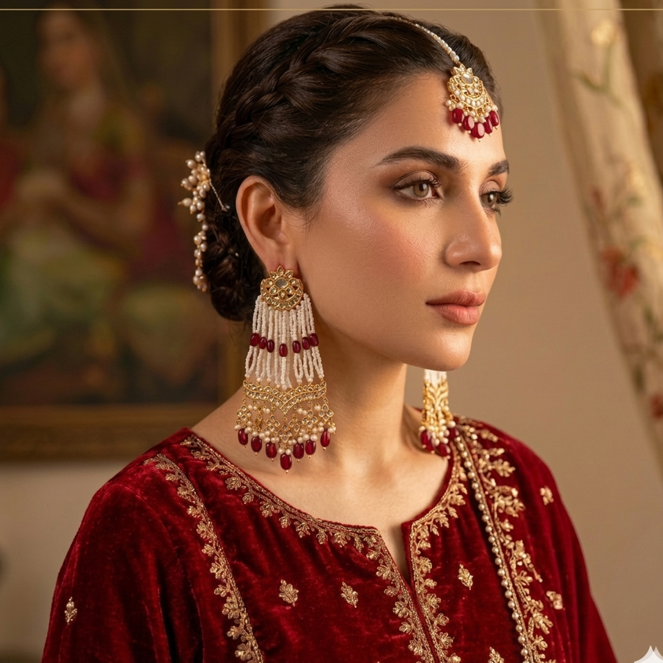 Woman wearing traditional jewelry and a red embroidered outfit in a warm-toned setting