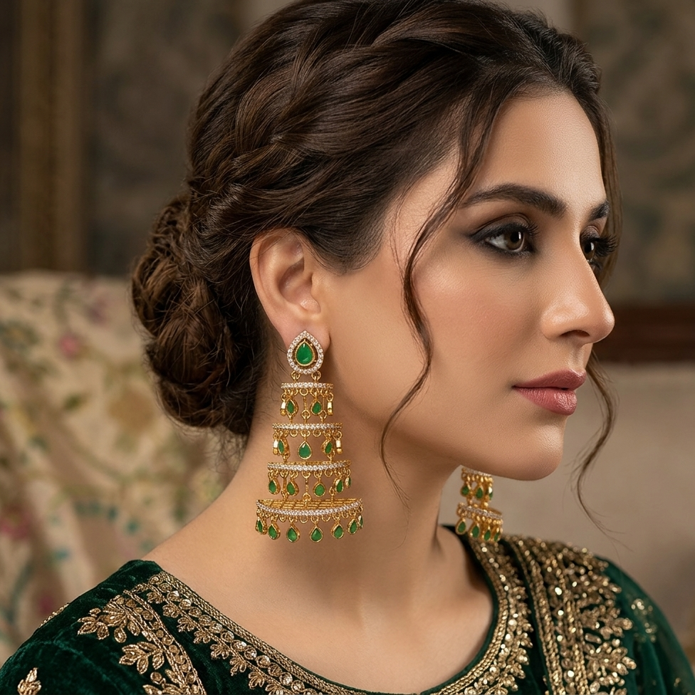 Woman wearing elaborate green and gold earrings with a blurred background