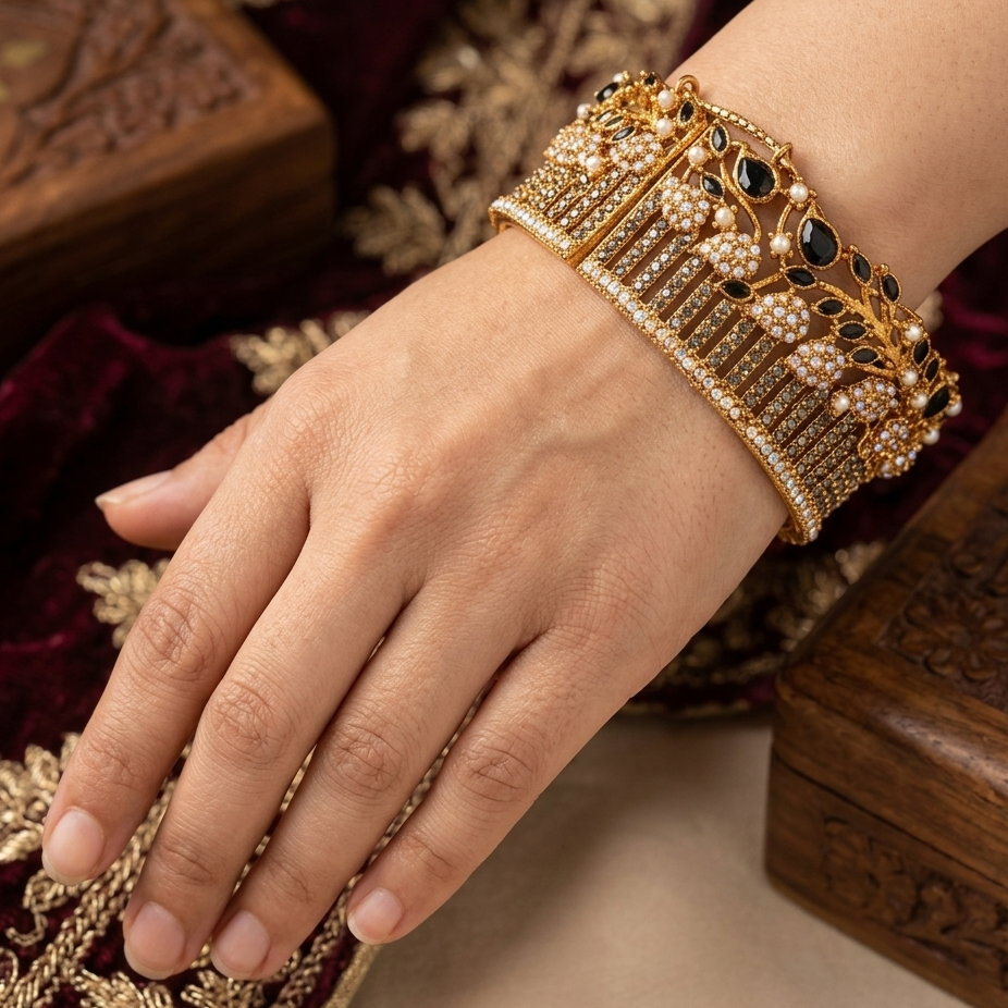 Hand wearing a gold bracelet with gemstones on a maroon fabric background