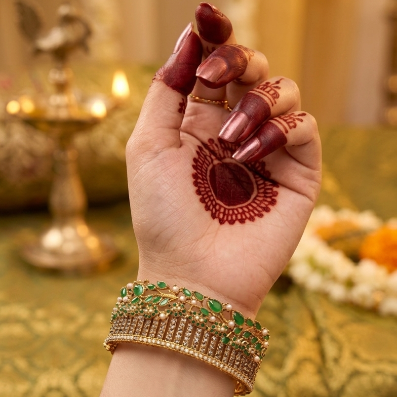 Hand with maroon nail polish and henna design, wearing a gold bracelet, against a decorated background.