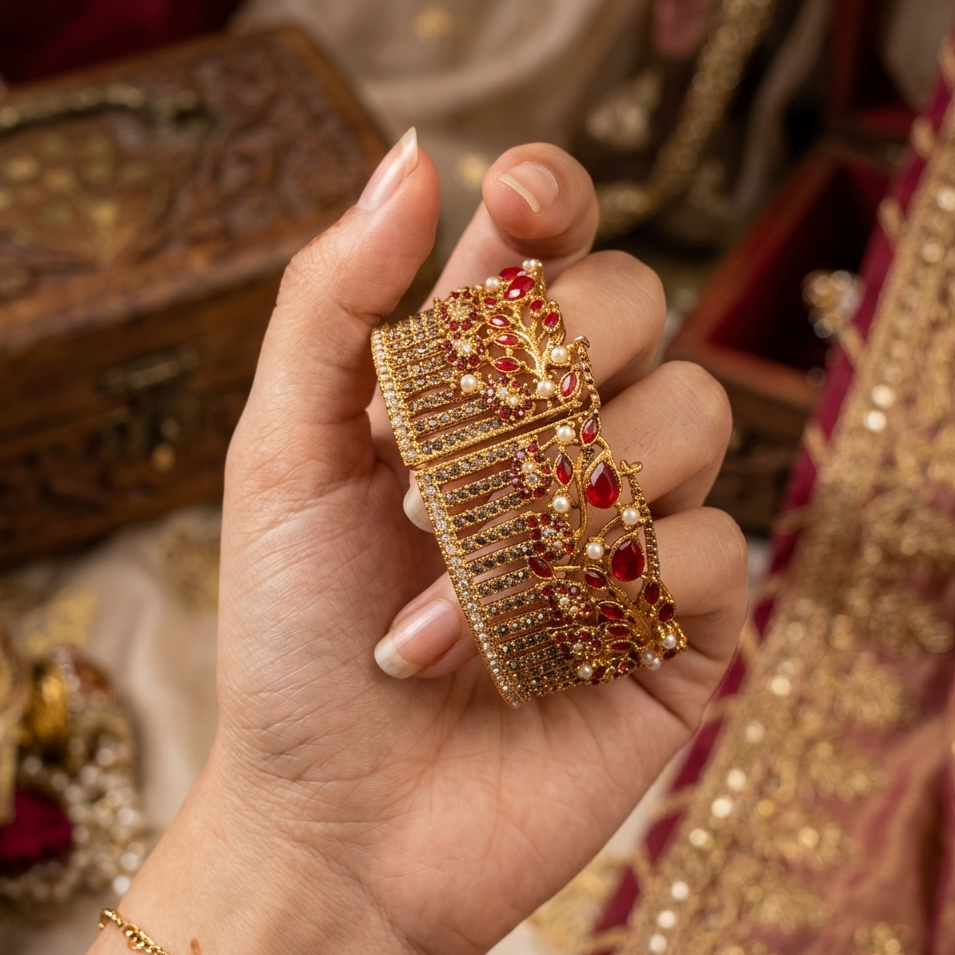 Hand holding a gold bracelet with red stones against a blurred jewelry box background