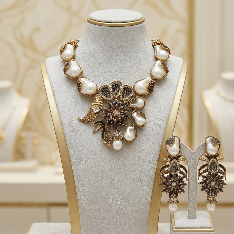 Jewelry set with necklace and earrings on a mannequin bust in a premium collection display.

