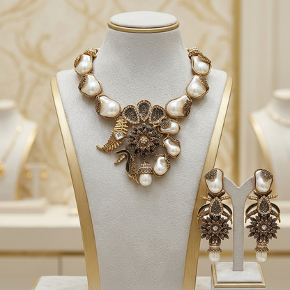 Jewelry set with necklace and earrings on a mannequin bust in a premium collection display.


